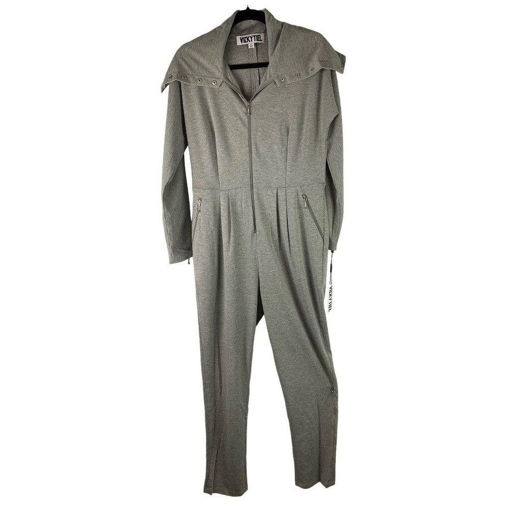 12 Vicky Tiel New Gray Zip Up Jumpsuit Funnel Neck Stretch Neck Pockets